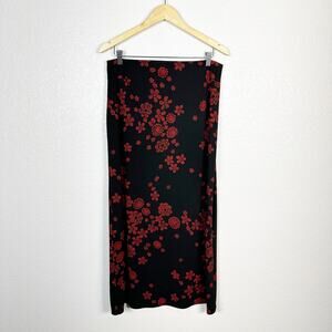 Vintage 90s Grunge Asian Red Floral Print Midi Skirt Black Fairy Grunge Y2K L